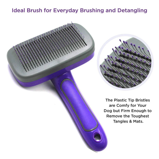 Self Cleaning Slicker Brush with Plastic Tips for Sensitive Dogs and Cats. Gently Removes Loose Fur, Undercoat, Mats, and Tangled Hair. Safe and Painless for Your Pet. Small